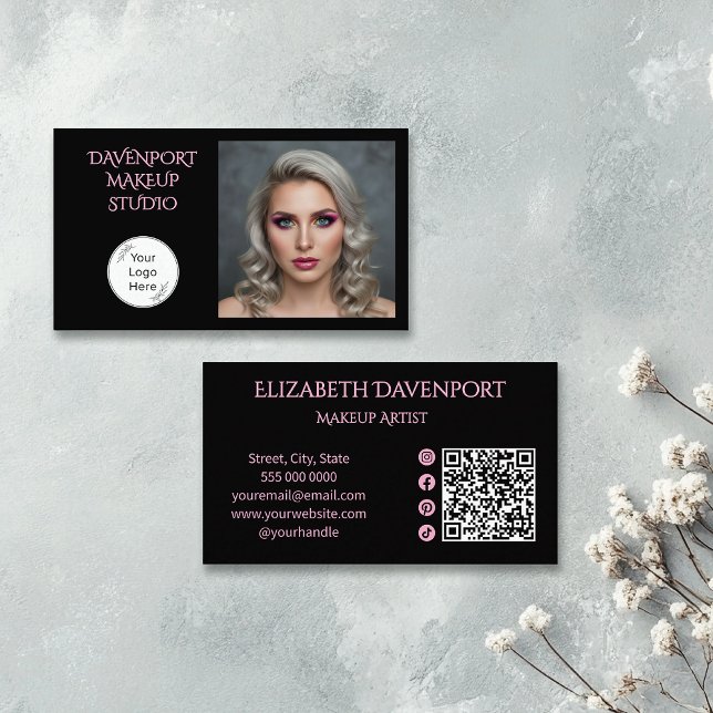 Schwarzer Blush-Rosa-Social-Icon-QR-Code-Foto-Make Visitenkarte (Von Creator hochgeladen)