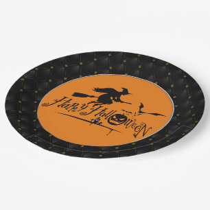 Schwarzer Boarder glückliche Halloween Hexe und Fl Pappteller