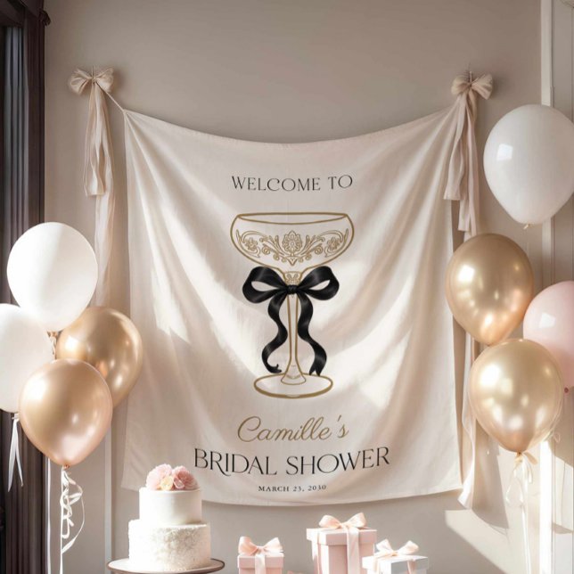 Schwarzer Bogen und Champagner Brautparty-Hintergr Wandteppich (bows and bubbly welcome backdrop sign
)