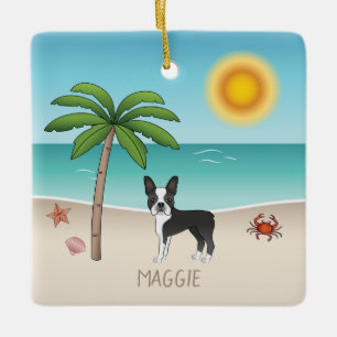 Schwarzer Boston Terrier an einem tropischen Somme Keramikornament
