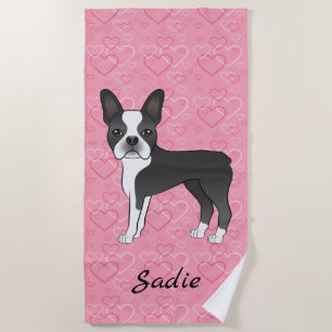 Schwarzer Boston Terrier Hund auf rosa Herzen und  Strandtuch