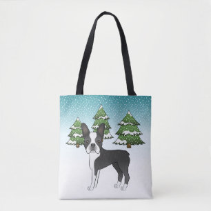 Schwarzer Boston Terrier in einem Winterwald