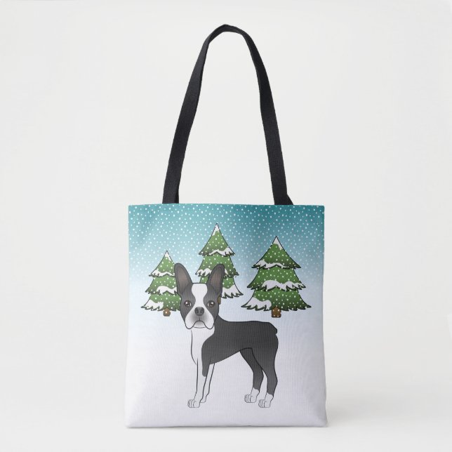 Schwarzer Boston Terrier in einem Winterwald (Vorderseite)