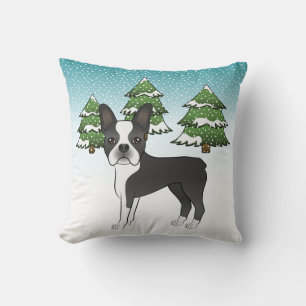 Schwarzer Boston Terrier in einem Winterwald Kissen