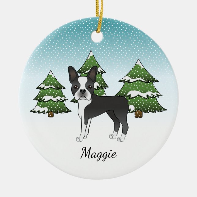 Schwarzer Boston Terrier in einem Winterwald & Nam Keramik Ornament (Vorne)