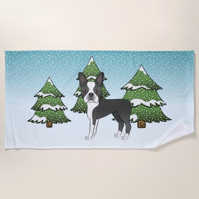 Schwarzer Boston Terrier in einem Winterwald Strandtuch (Vorderseite)