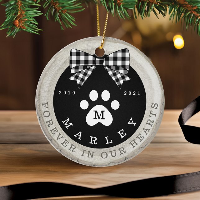Schwarzer Bow PW Print Memorial Pet Foto Holz Slic Keramik Ornament (Black Bow Paw Print Memorial Pet Photo Wood Slice Ceramic )