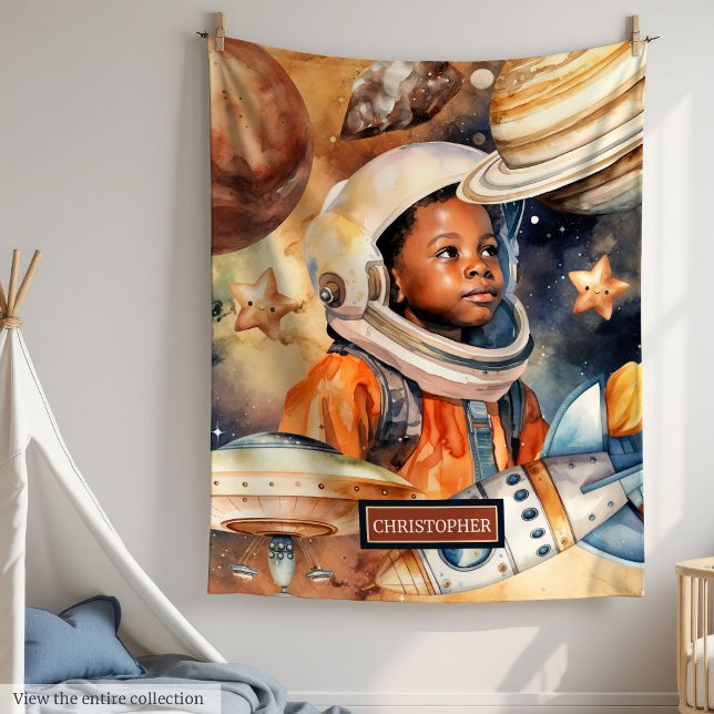 Schwarzer Boy Astronaut Zimmerdekor Wasserfarbenle Fleecedecke (Black Boy Astronaut Room Decor Watercolor Blanket)
