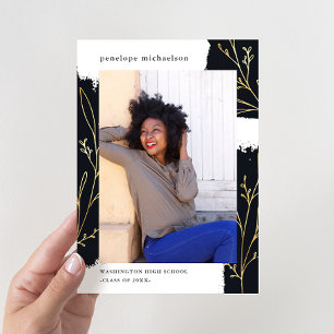 Schwarzer Brush mit Imitaten Gold Botanischer Absc Einladung