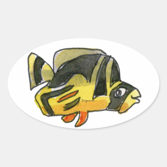 Schwarzer Butterflyfish Oval Sticker (Vorderseite)
