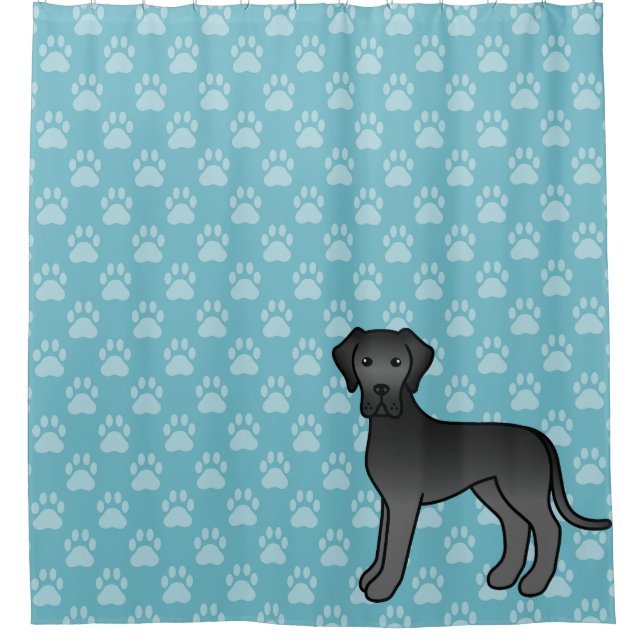 Schwarzer Cartoon Großer Dane Hund auf blau Duschvorhang (Vorderseite)