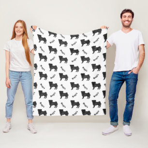 Schwarzer Cartoon-Mops-Hund mit Namensmuster Fleecedecke