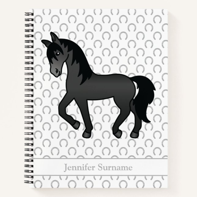 Schwarzer Cartoon Trotting Horing & Custom Text Notizbuch (Vorderseite)