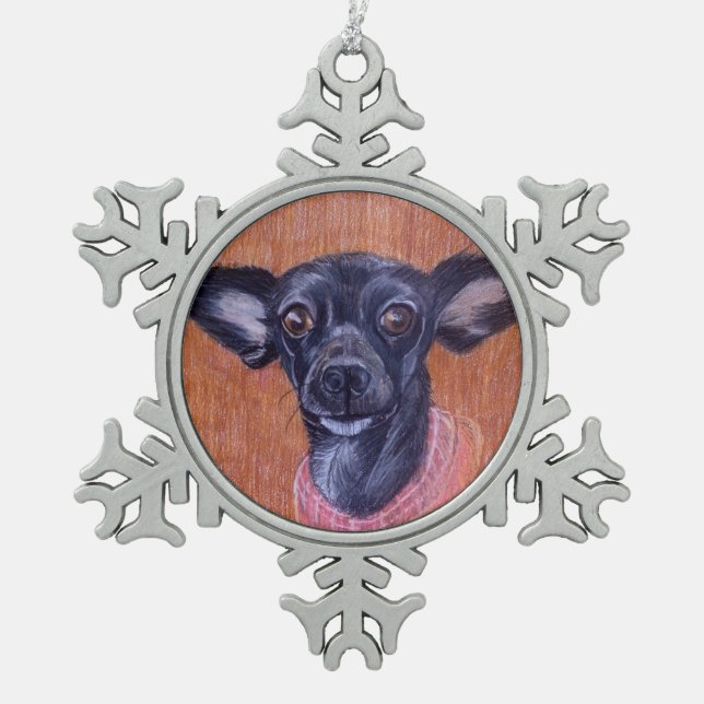 Schwarzer Chihuahua-Verzierungs-Ohio-Künstler Schneeflocken Zinn-Ornament (Vorderseite)