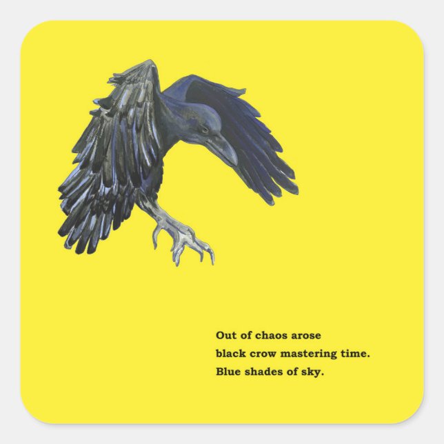 Schwarzer Crow & Haiku-Illustration Quadratischer Aufkleber (Vorderseite)