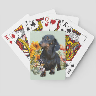 Schwarzer Dachshund Hund in Wildblumen Spielkarten