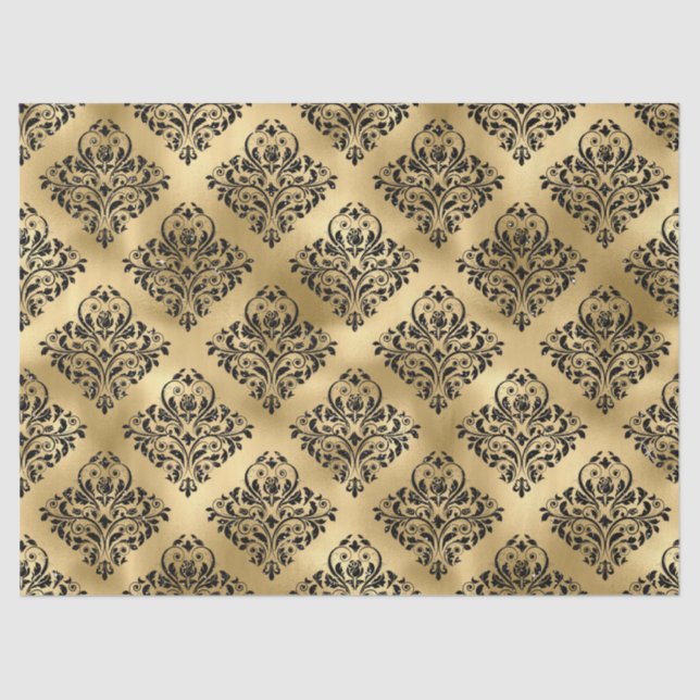 Schwarzer Damast auf Gold Decoupage Seidenpapier (Vorderseite)
