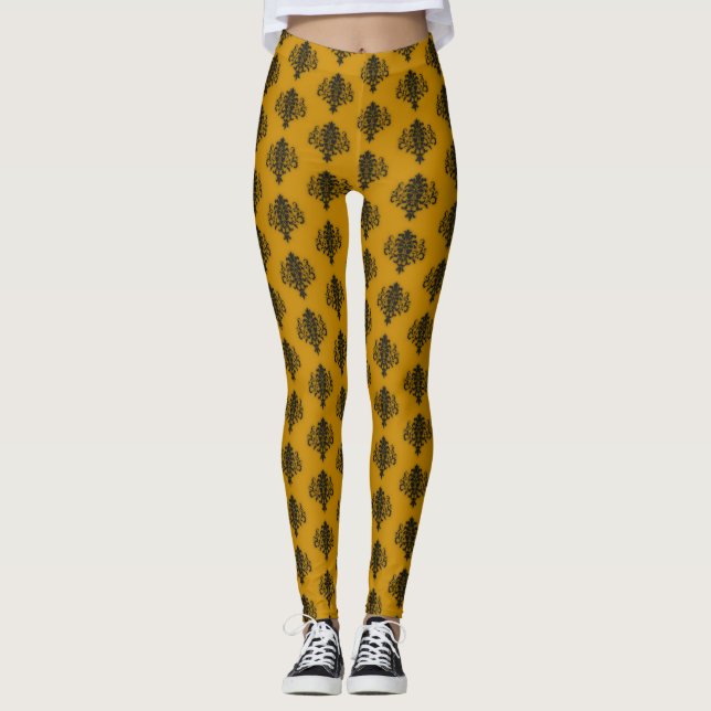 Schwarzer Damast auf Senfgelb Leggings (Vorderseite)