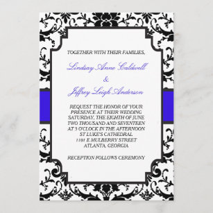 Schwarzer Damast-blaue Akzent-Hochzeits-Einladung Einladung
