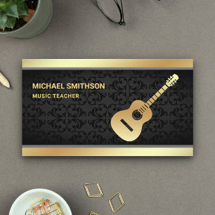 Schwarzer Damast Gold Gitarre Musiklehrer Gitarris Visitenkarte