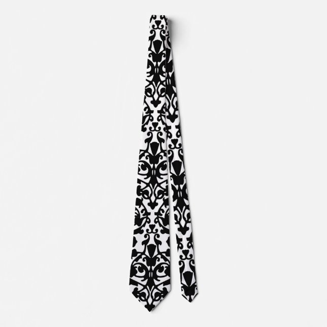 Schwarzer Damast im White Designer Necktie Krawatte (Vorderseite)