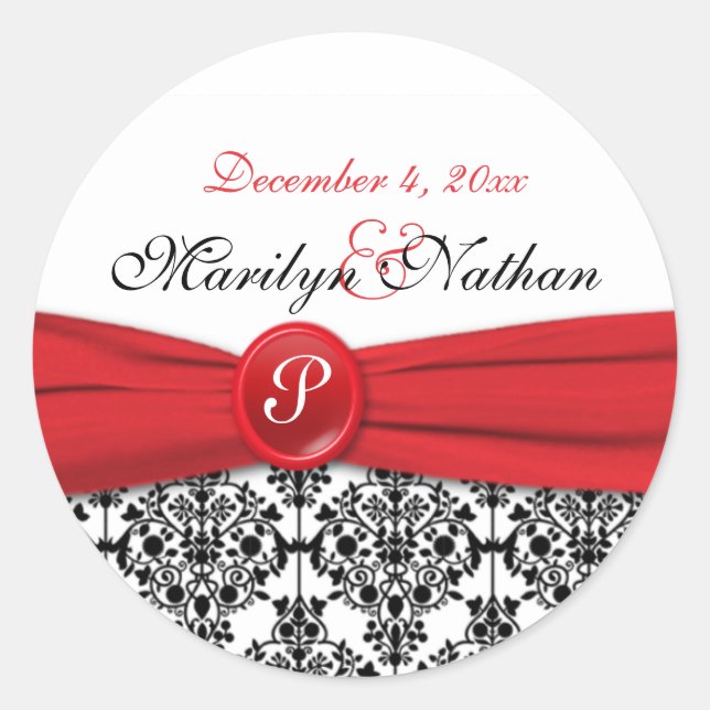Schwarzer Damast mit Mohnrot, 1,5", rundlicher Auf Runder Aufkleber (Vorderseite)