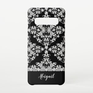 Schwarzer Damast mit Rhinestones und Name weiß Samsung Galaxy S10 Hülle