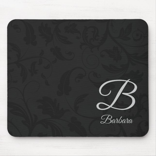 Schwarzer Damast mit Silver Monogram Mousepad (Vorne)