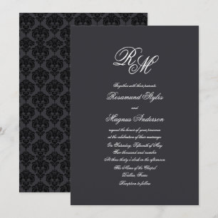 Schwarzer Damast Monogramm-Hochzeit Einladung