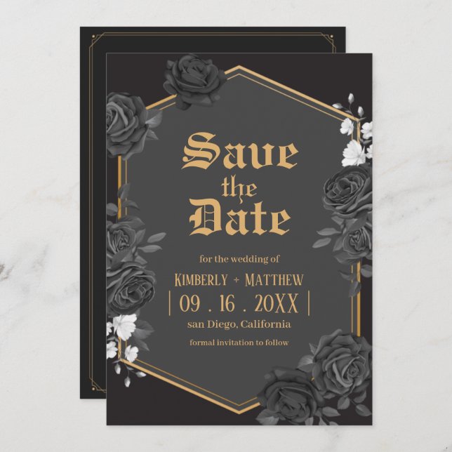 Schwarzer Damast Rose Save the Date Hochzeit Einladung (Vorne/Hinten)