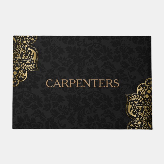 Schwarzer Damast und goldene Blumenspitze Fußmatte (Vorderseite)