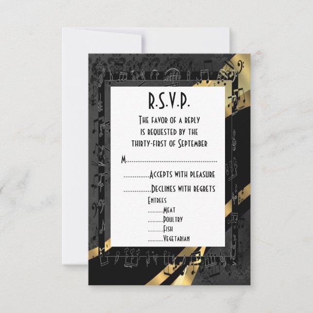 Schwarzer Damast und goldene feierliche Hochzeit R RSVP Karte (Vorderseite)
