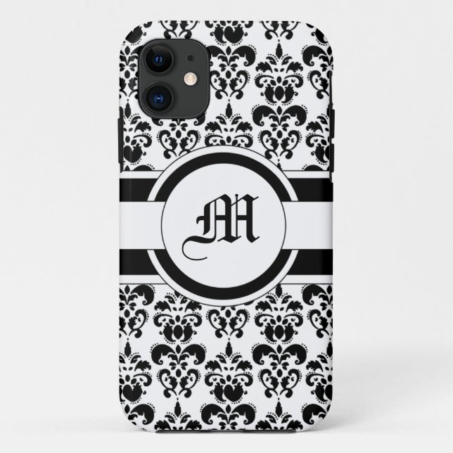 Schwarzer Damast und Monogramm Case-Mate iPhone Hülle (Rückseite)