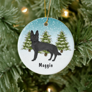 Schwarzer deutscher Schäferhund Weihnachten Winter Keramik Ornament
