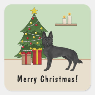 Schwarzer Deutscher Schäferhund Weihnachtsbaum Ben Quadratischer Aufkleber