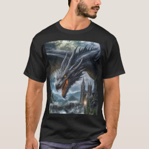 Schwarzer Drache bewacht ein gotisches Bergschloss T-Shirt