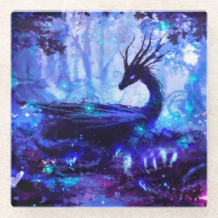 Schwarzer Drache, Nachtwaldszene. Glasuntersetzer