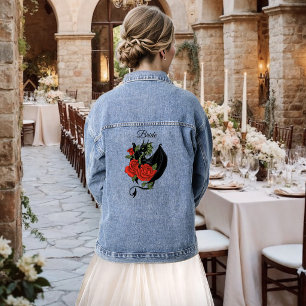 Schwarzer Drache Rote Rose Fantasy-Gotische Hochze Jeansjacke
