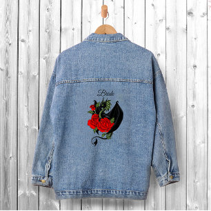 Schwarzer Drache Rote Rose Fantasy-Gotische Hochze Jeansjacke