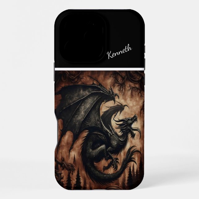 Schwarzer Drache über dem Wald schwebend iPhone Hülle (Rückseite)
