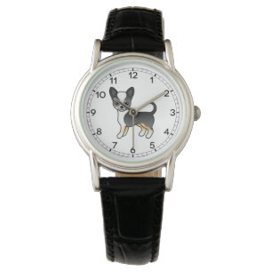 Schwarzer Dreifarben-Glatthaar-Chihuahua Cartoon-H Armbanduhr