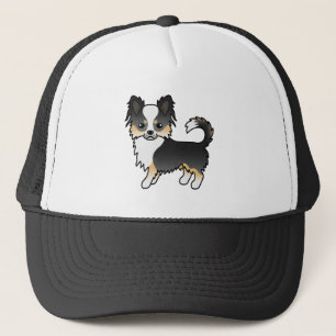 Schwarzer Dreifarben-Langhaar-Chihuahua Cartoon-Hu Truckerkappe