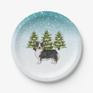 Schwarzer Dreifarbiger Pembroke Corgi Hund Winter Pappteller