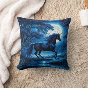 Schwarzer Einhorn Fantasy Vollmond Kissen