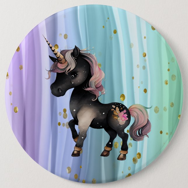 Schwarzer Einhorn Lila-Rosa-Schwanz Button (Vorderseite)