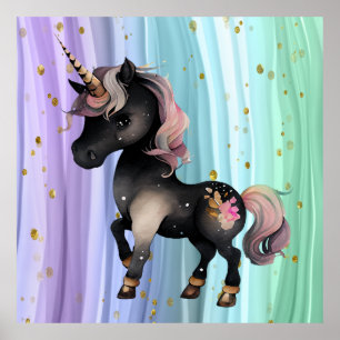 Schwarzer Einhorn Lila-Rosa-Schwanz Poster