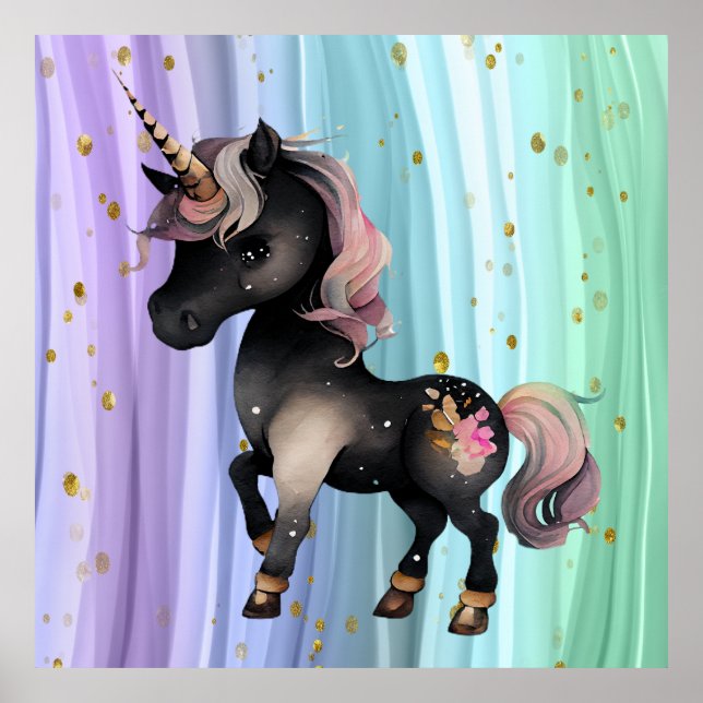 Schwarzer Einhorn Lila-Rosa-Schwanz Poster (Vorne)