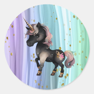 Schwarzer Einhorn Lila-Rosa-Schwanz Runder Aufkleber