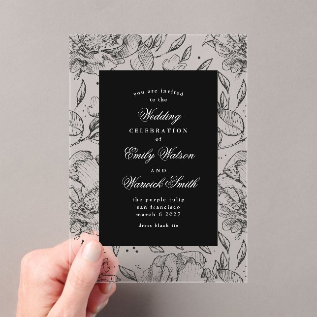 Schwarzer Eleganter Hochzeitsplatz Acryleinladungen (Insitu (Handheld))