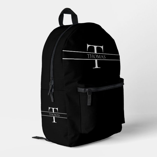 Schwarzer Eleganter Personalisierter Mit Monogramm Bedruckter Rucksack (Rückseitige Ecke links)